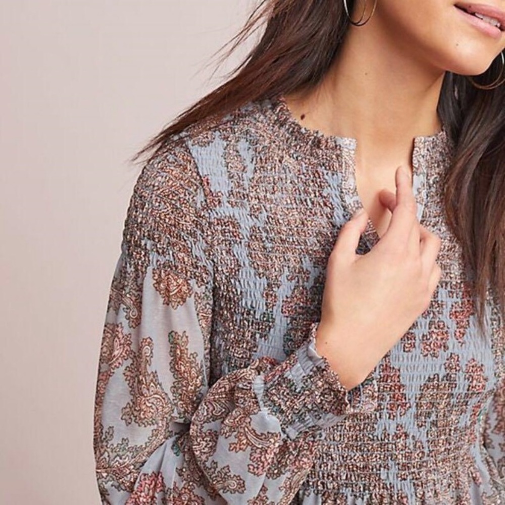 NWOT Anthropologie Akemi + Kin Adria Smocked Paisley Blouse Ruffle Longsleeve